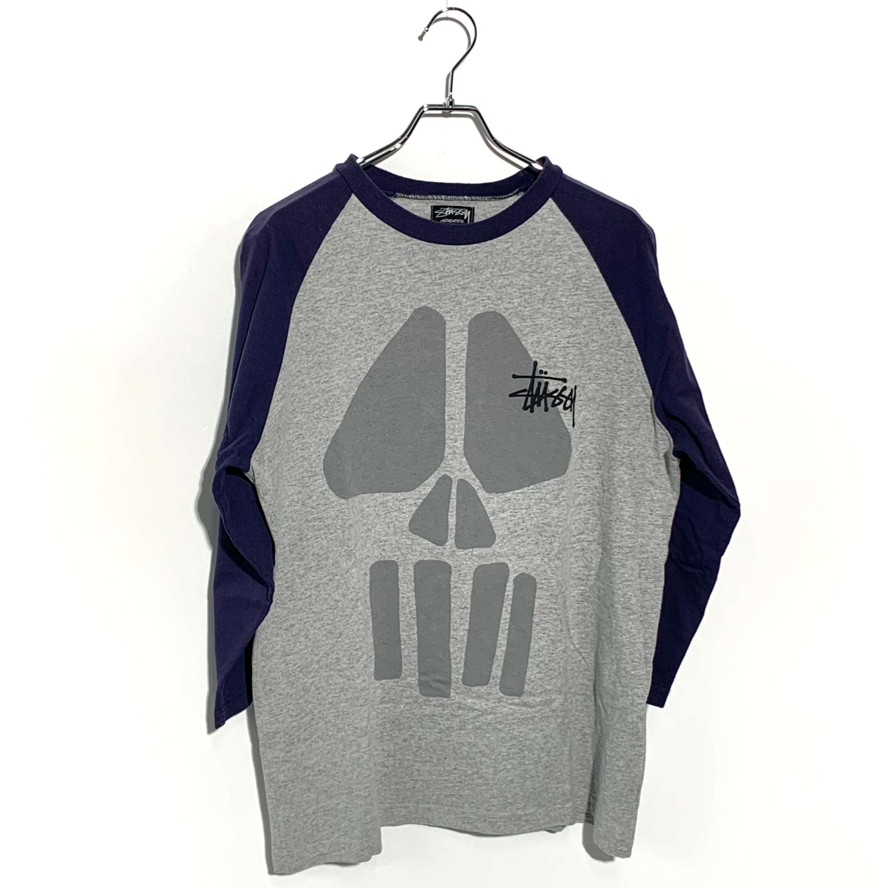STUSSY authentic scull raglan 3/4 Tee gray×blue