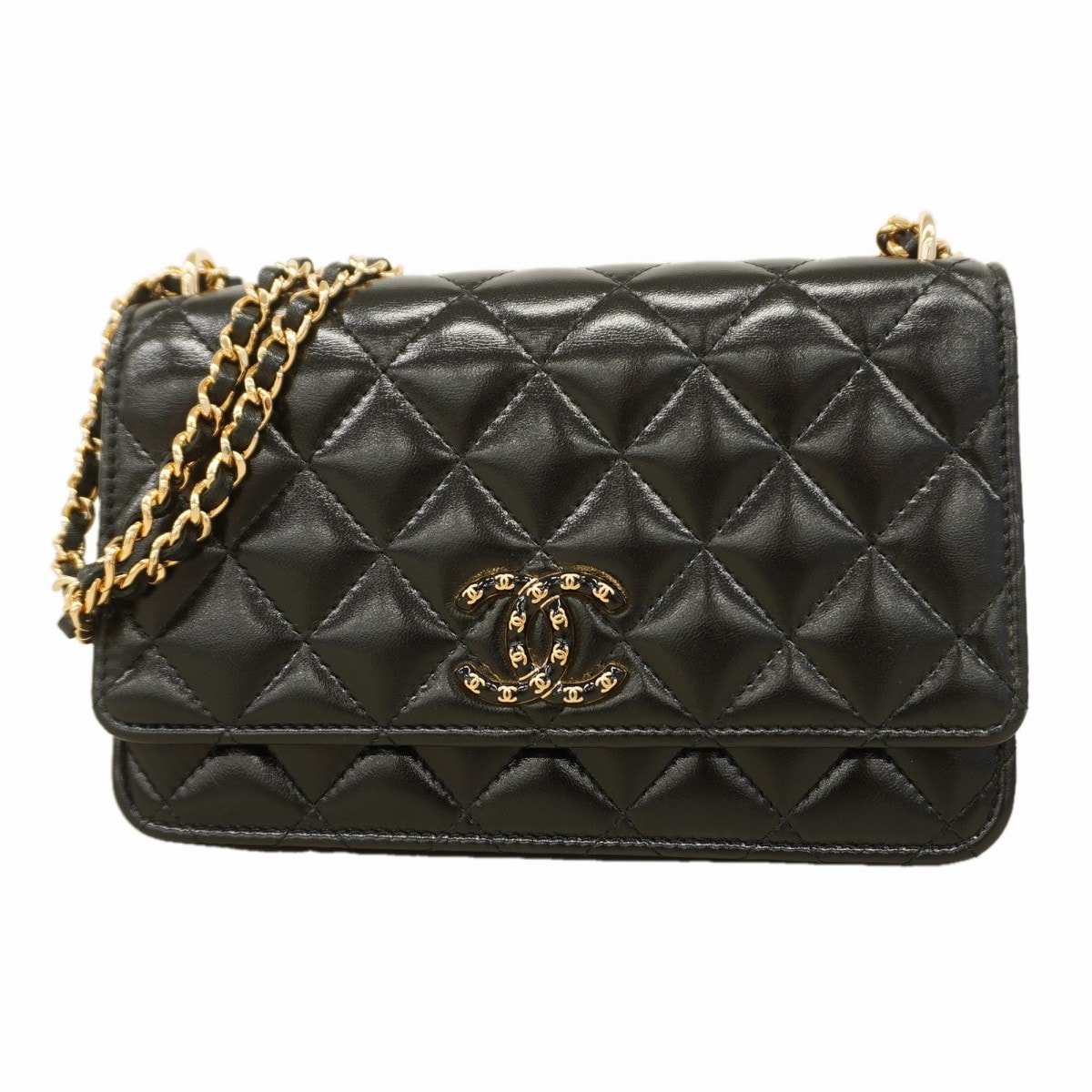 【6dc2600】シャネル ショルダーウォレット マトラッセ チェーンショルダー ラムスキン ブラック ゴールド金具【中古】レディース