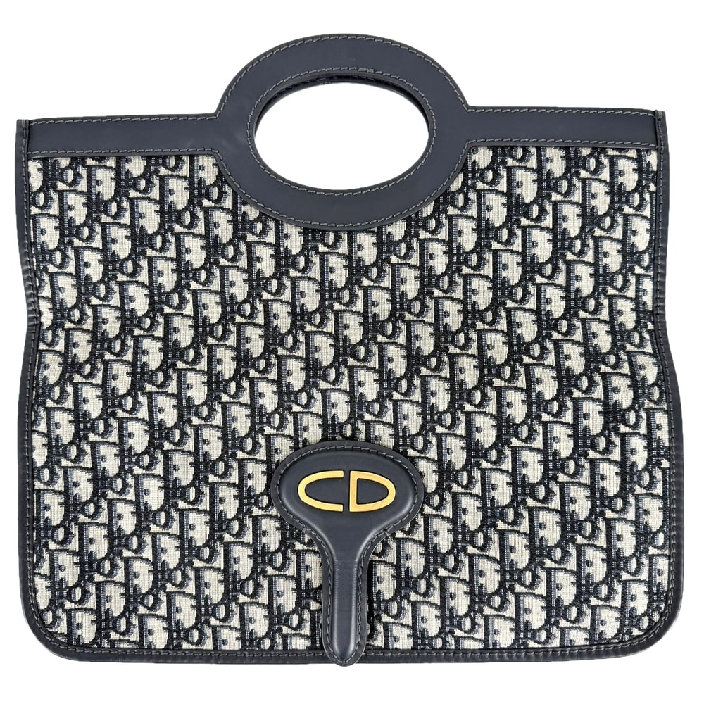 Christian Dior クリスチャンディオール 2WAY オブリーク クラッチバッグ ハンドバッグ キャンバス  レザー   ネイビー 紺 ゴールド金具 ユニセックス【中古品】