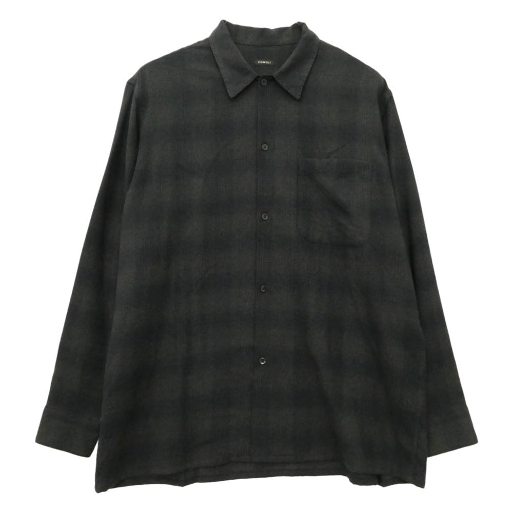 COMOLI コモリ 22AW W03-02018 Wool Check Open Collar Shirt ウールチェック オープンカラーシャツ 開襟 長袖シャツ ブラック系 3【中古】