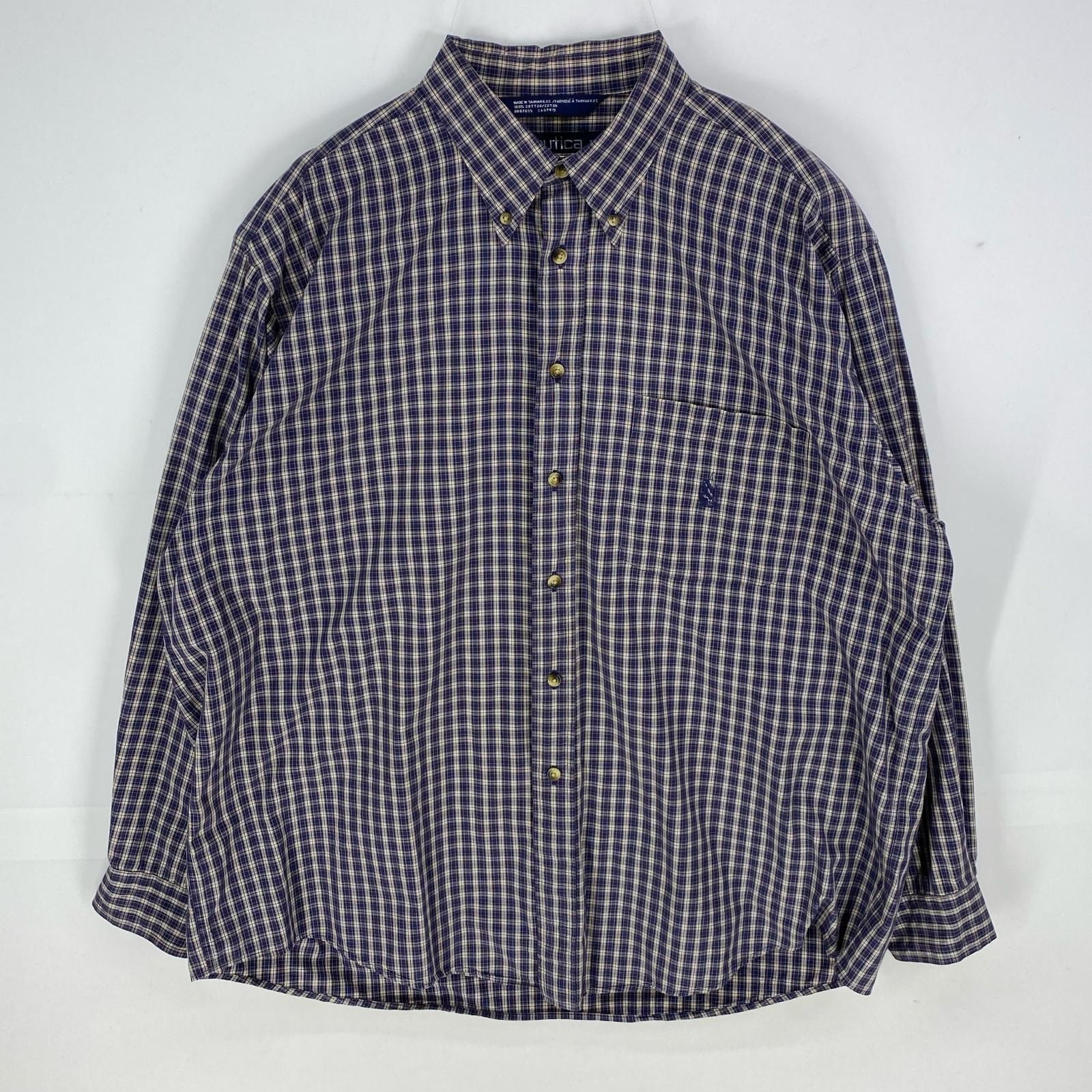 古着 90's/90年代 ノーティカ NAUTICA 長袖シャツ ワンポイント ロゴ刺繍 ロングスリーブ XL  ネイビー系 チェック メンズ