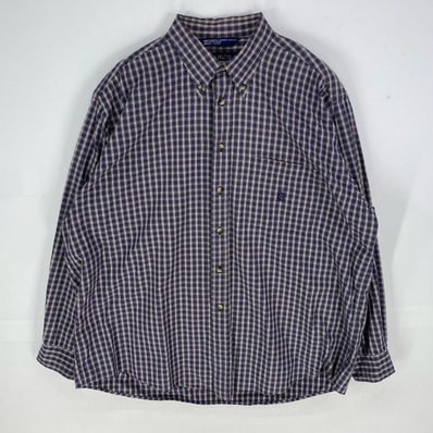 古着 90's/90年代 ノーティカ NAUTICA 長袖シャツ ワンポイント ロゴ刺繍 ロングスリーブ XL ネイビー系 チェック メンズ