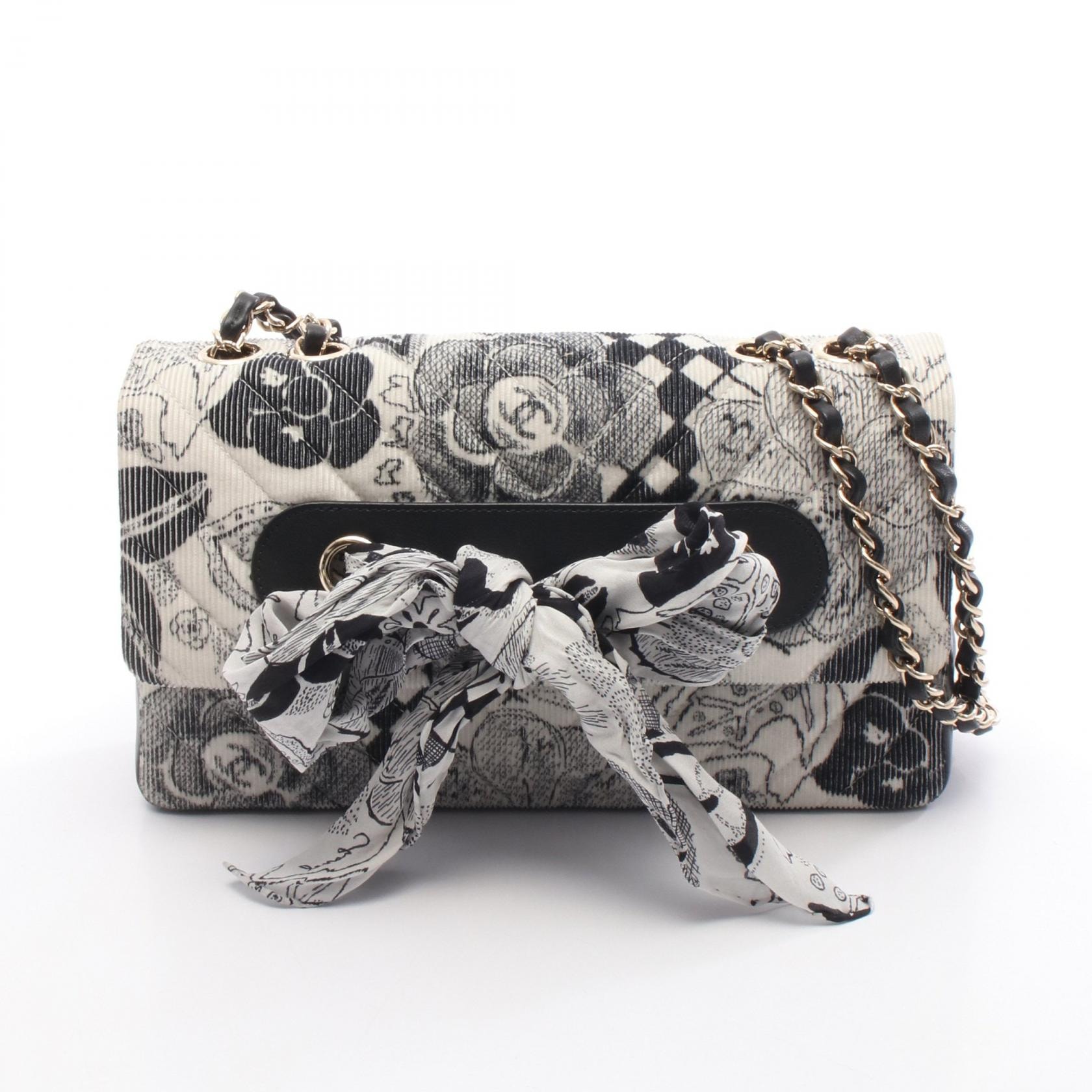 シャネル CHANEL シェブロン Vステッチ ショルダーバッグ バッグ レザー コーデュロイ レディース ホワイト系 / ブラック系 【中古】