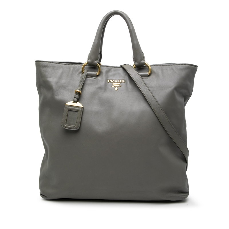 プラダ ロゴ トートバッグ ショルダーバッグ 2WAY グレー レザー レディース PRADA 【中古】