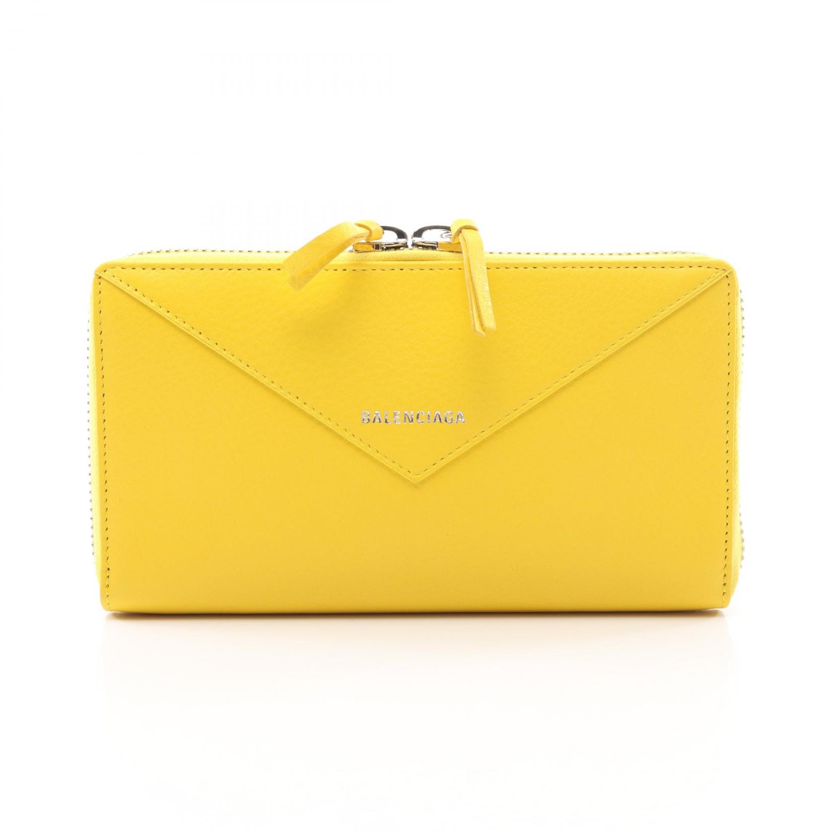 バレンシアガ BALENCIAGA ペーパー コンチネンタルウォレット ラウンド長財布 財布 レザー レディース イエロー系 381226 【中古】