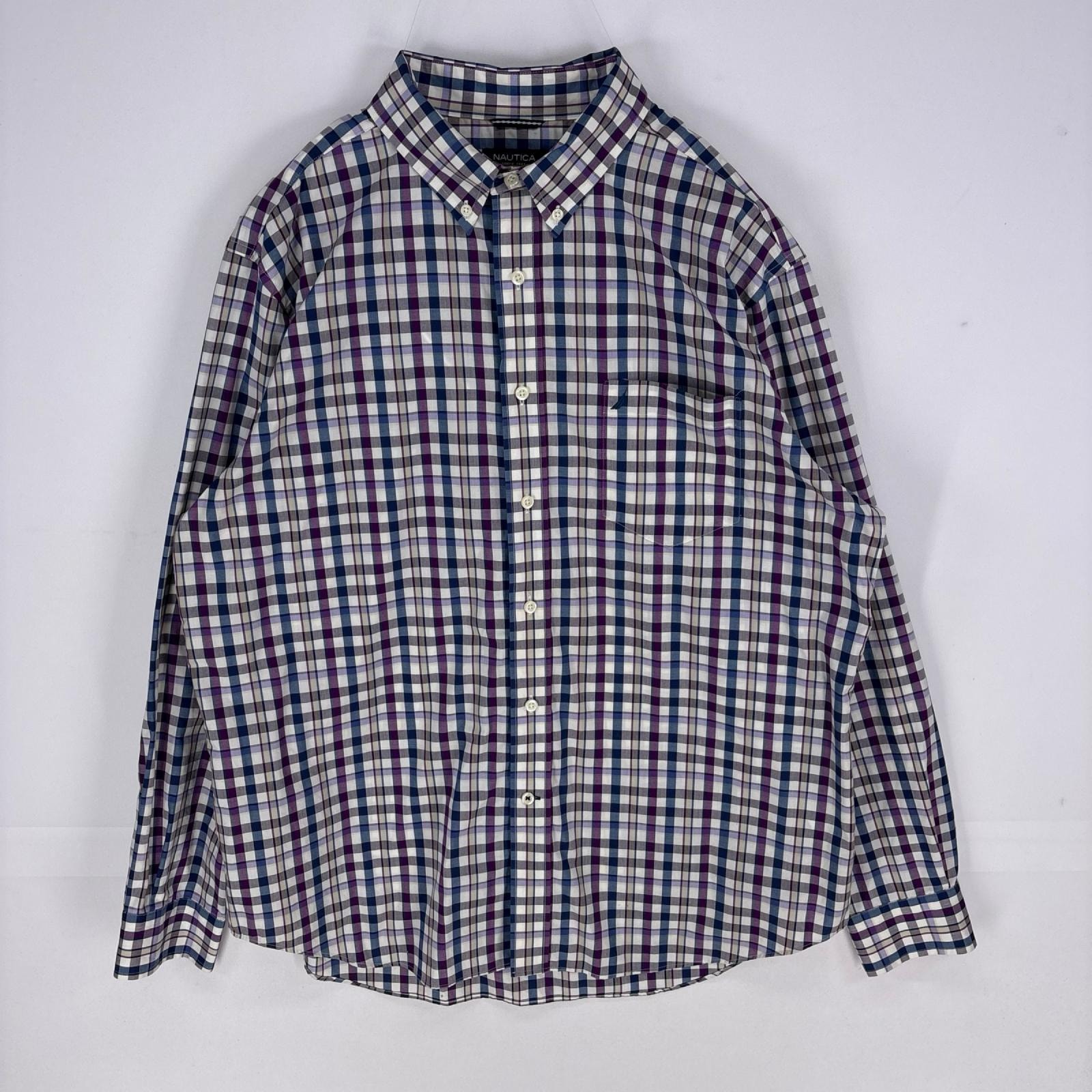古着 ノーティカ NAUTICA 長袖シャツ 刺繍ロゴ 胸ポケット ワンポイント ロングスリーブ XL  パープル系 チェック メンズ