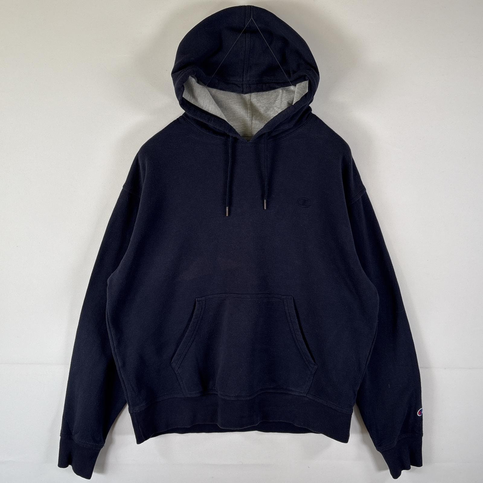 古着 チャンピオン Champion パーカー スウェット フーディ プルオーバー ワンポイントロゴ刺繍 L  ネイビー メンズ