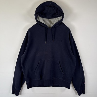 古着 チャンピオン Champion パーカー スウェット フーディ プルオーバー ワンポイントロゴ刺繍 L ネイビー メンズ