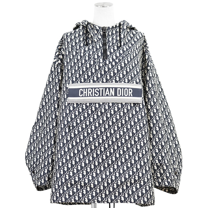【新品同様】Christian Dior クリスチャンディオール フードアノラック サイズ S レディース オブリーク ジャカード テクニカル タフタ ロゴ フラップポケット Bee 刺繍 アウター アイボリー ネイビー 紺 総柄 イタリア製
