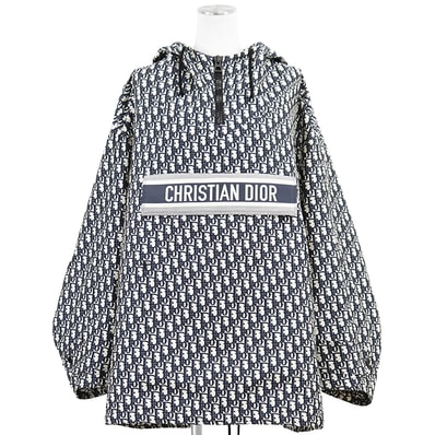 【新品同様】Christian Dior クリスチャンディオール フードアノラック サイズ S レディース オブリーク ジャカード テクニカル タフタ ロゴ フラップポケット Bee 刺繍 アウター アイボリー ネイビー 紺 総柄 イタリア製