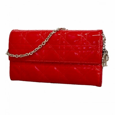 【6ee6271】クリスチャンディオール 長財布 カナージュ エナメル レッド シルバー金具【中古】レディース