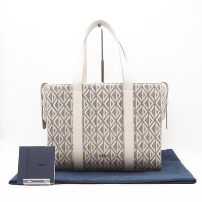 極美品 Dior ディオール CDダイヤモンド レザー コロール 1TNSH050CDP_H40E トートバッグ グレー ホワイト レザー メンズ