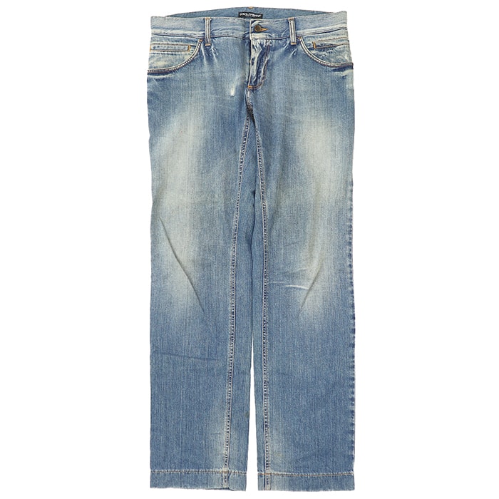 【SALE】DOLCE&GABBANA ドルチェアンドガッバーナ デニムパンツ サイズ 50 メンズ ジーンズ ダメージ加工 ロゴ レザーパッチ メタルプレート ジップフライ ボトムス ライトインディゴ イタリア製