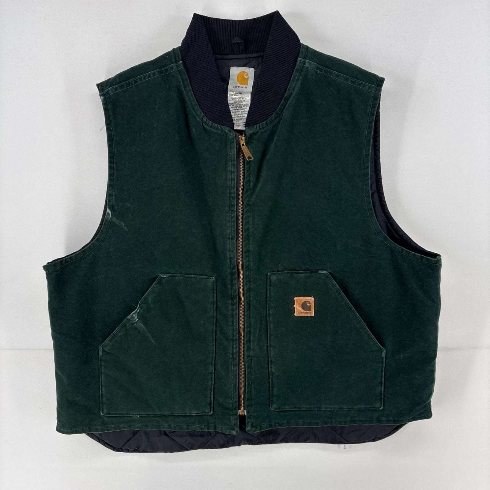 古着 カーハート Carhartt USA製 ベスト ダック ワンポイント ロゴ 大きいサイズ 中綿 ワーク フルジップ 2XL  グリーン 無地 メンズ