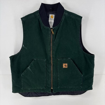 古着 カーハート Carhartt USA製 ベスト ダック ワンポイント ロゴ 大きいサイズ 中綿 ワーク フルジップ 2XL グリーン 無地 メンズ