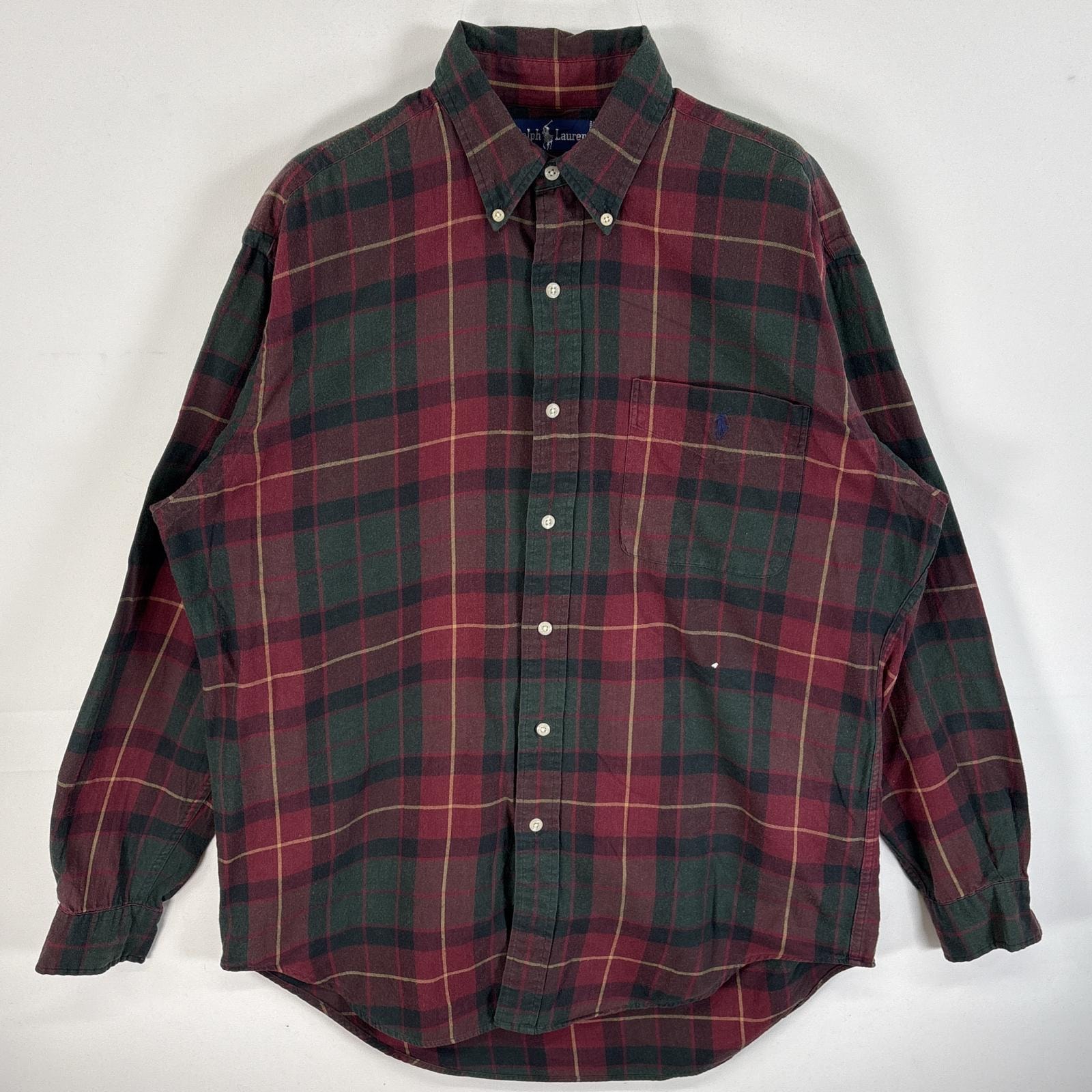 古着 90's/90年代 ラルフローレン RALPH LAUREN 長袖シャツ ボタンダウンシャツ ワンポイント ロゴ 刺繍 チェック M  ワインレッド系 マルチカラー メンズ
