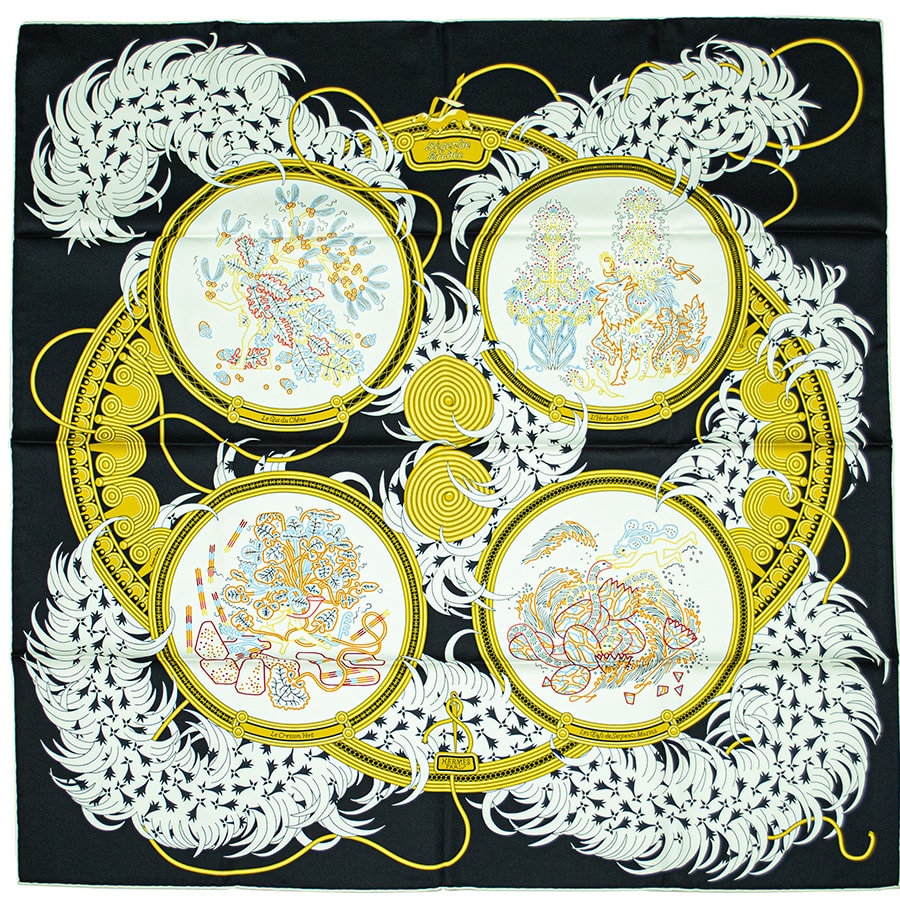HERMES エルメス スカーフ カレ90 Legende Brodee 刺繍が織りなす伝説 003972S 04 2023SS シルク ブラック ホワイト【中古】