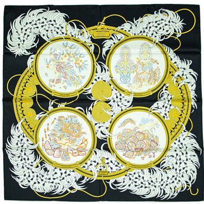 HERMES エルメス スカーフ カレ90 Legende Brodee 刺繍が織りなす伝説 003972S 04 2023SS シルク ブラック ホワイト【中古】