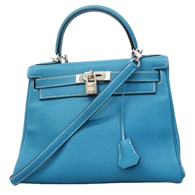 ★SALE【6fa1941】エルメス ハンドバッグ ケリー28 トゴ ブルージーン シルバー金具 □E刻印 2wayバッグ【中古】レディース