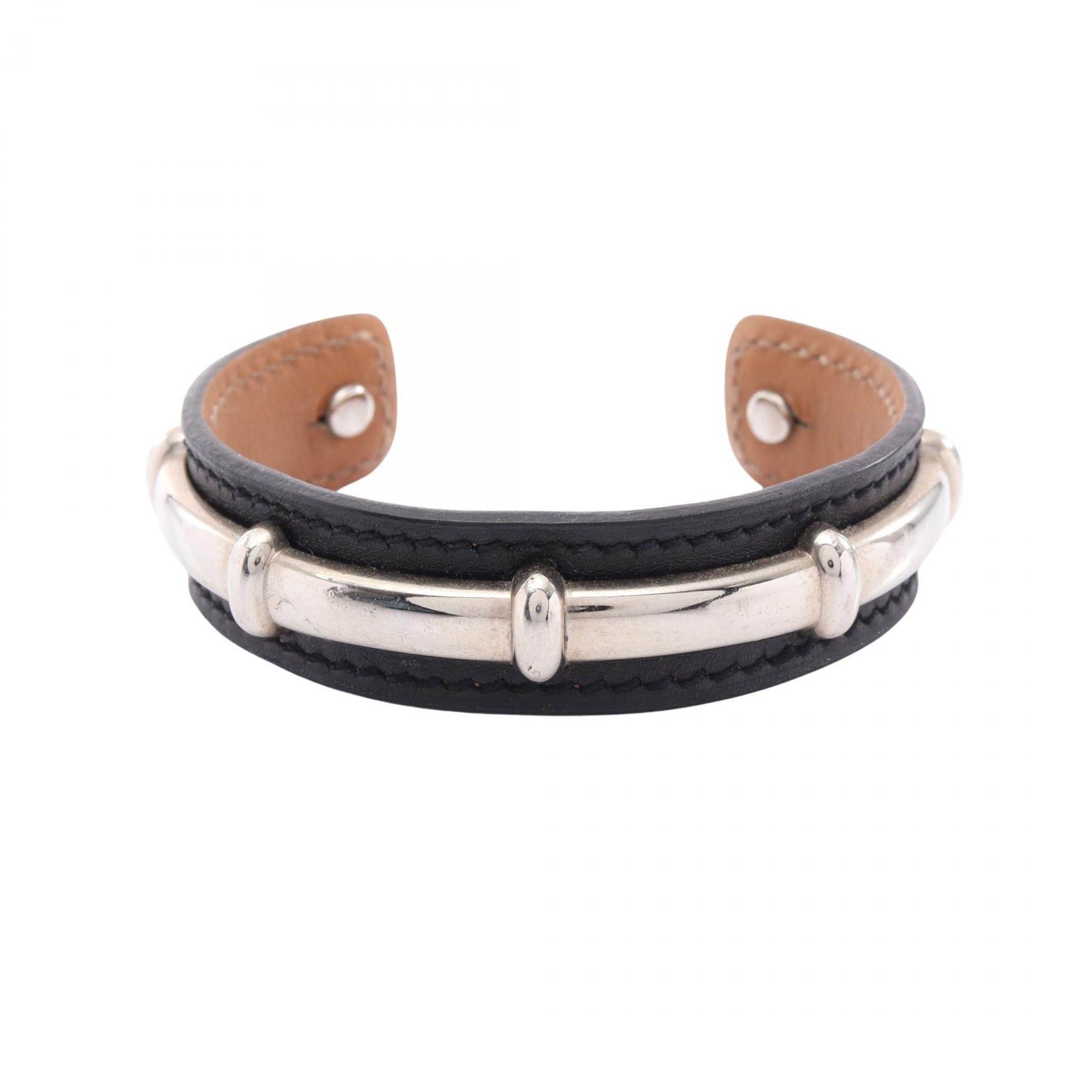エルメス HERMES アガタ バングル アクセサリー レザー メタル レディース ブラック系 / シルバー系 【中古】