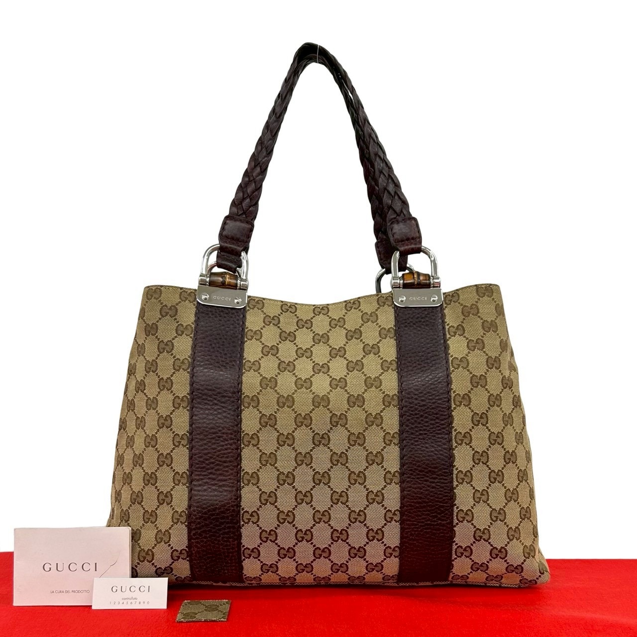GUCCI グッチ バンブー GG ロゴ 柄 キャンバス レザー トートバッグ ブラウン
479-1