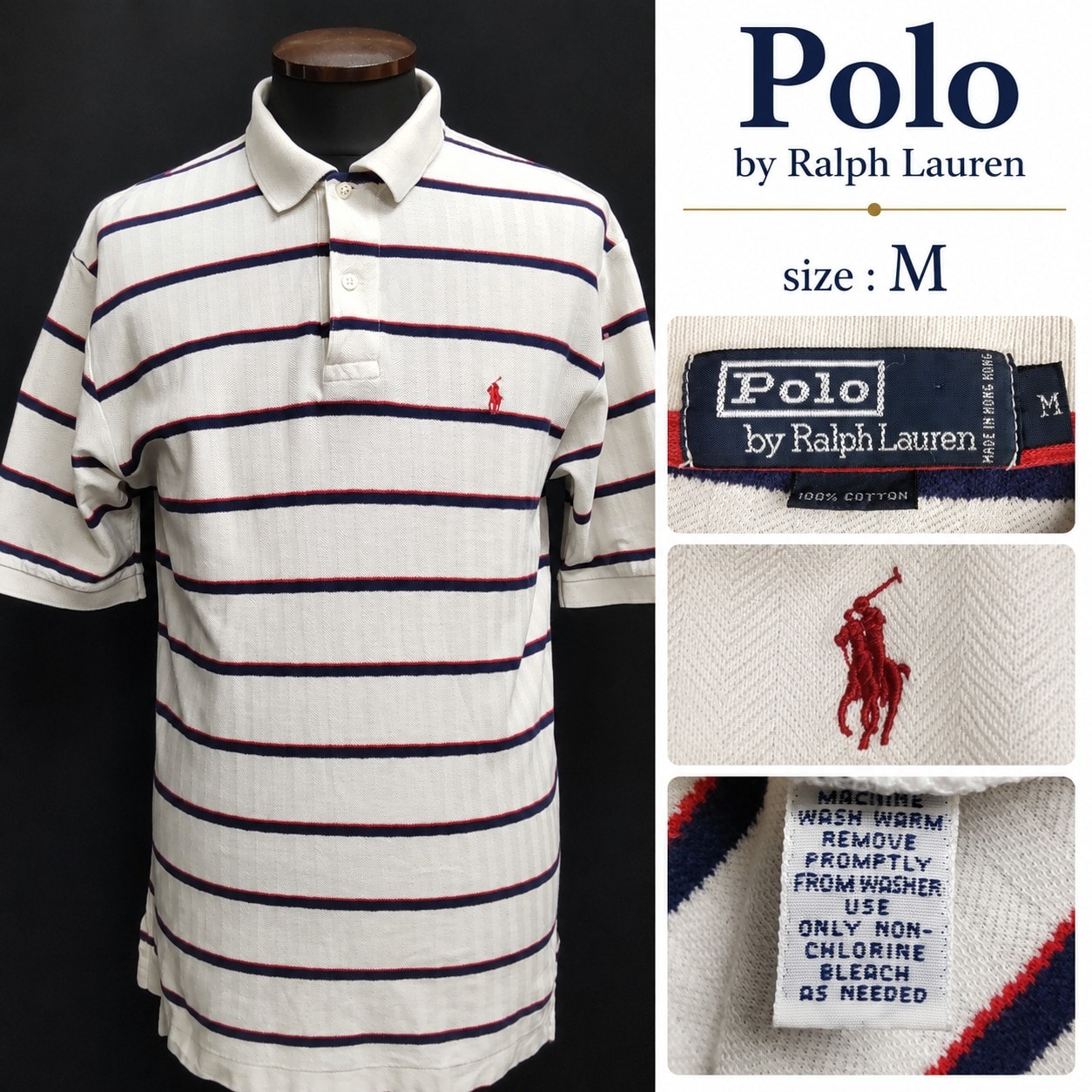 POLO RALPH LAUREN/ラルフローレン★半袖ポロシャツ【メンズM/白/white/ボーダー柄】香港製/90s後半~00s頃/Tops/Shirt◆BJ181-l