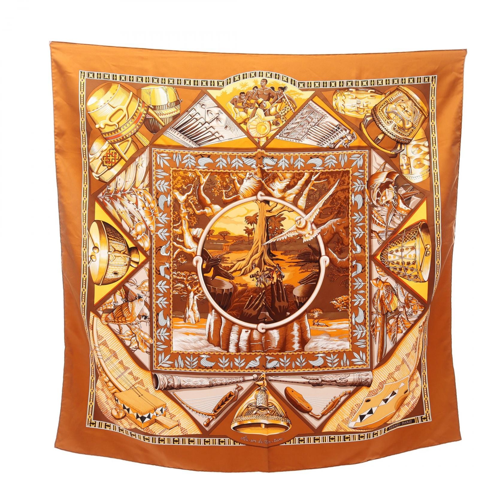 エルメス HERMES カレ90 Au son du Tam tam スカーフ 衣料品 シルク シルク レディース ブラウン系 / マルチカラー 【中古】