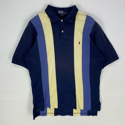 古着 ポロバイラルフローレン Polo by Ralph Lauren 鹿の子 半袖シャツ ワンポイント ポロシャツ L ネイビー系 ストライプ メンズ
