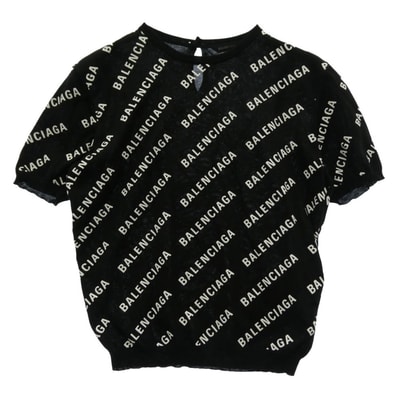BALENCIAGA バレンシアガ 695449 T3234 Mini Allover Logo Sweater ロゴ総柄 半袖 ニット トップス ブラック系 L【美品】【中古】