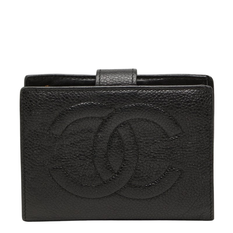 シャネル ココマーク 二つ折り財布 がま口 小銭入れ ブラック キャビアスキン レディース CHANEL 【中古】