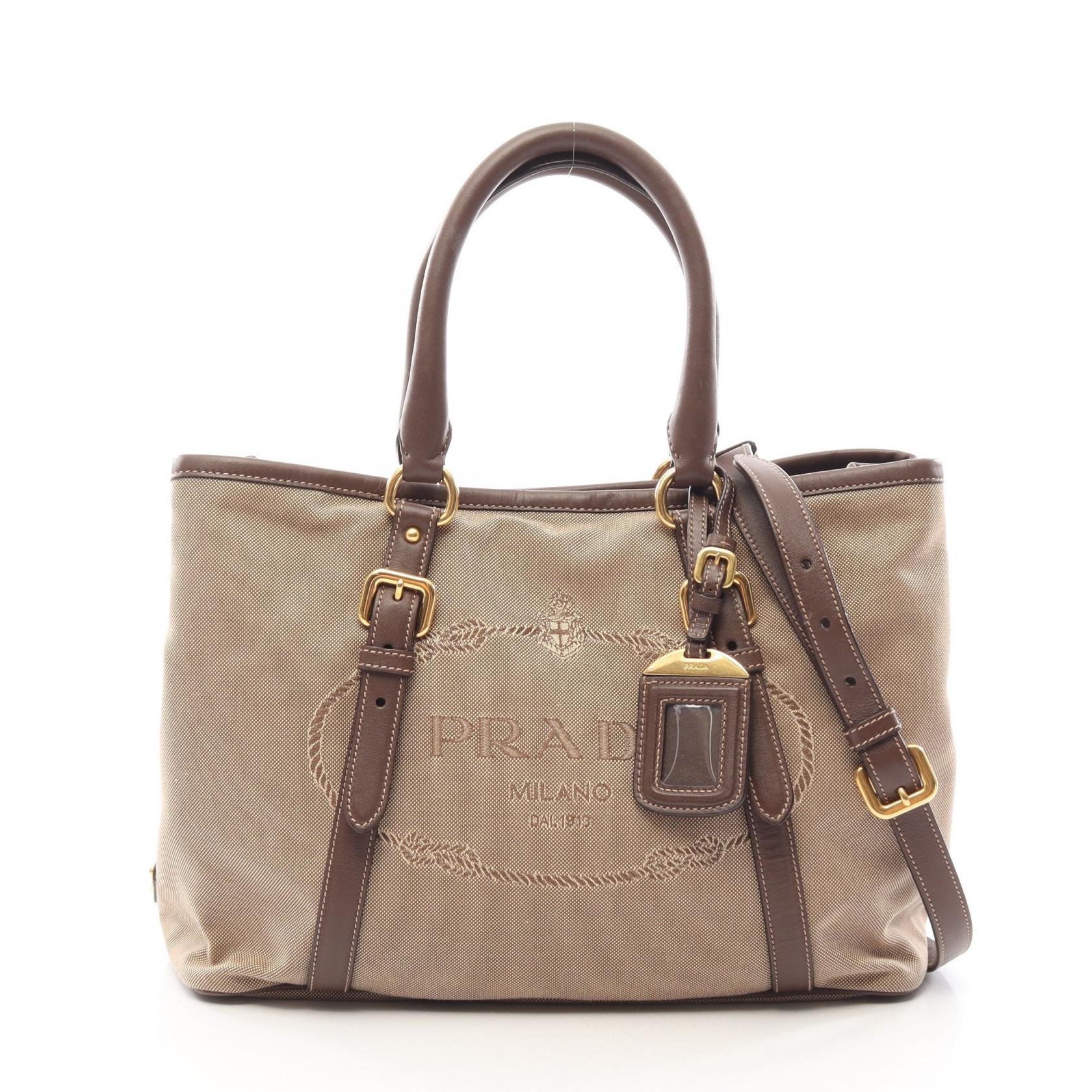 プラダ PRADA LOGO JACQUARD ロゴジャガード 2WAY ハンドバッグ バッグ キャンバス レザー レディース ベージュ系 / ブラウン系 BN2832 【中古】