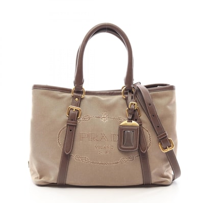 プラダ PRADA LOGO JACQUARD ロゴジャガード 2WAY ハンドバッグ バッグ キャンバス レザー レディース ベージュ系 / ブラウン系 BN2832 【中古】