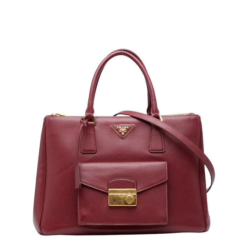 プラダ 三角ロゴプレート ハンドバッグ ショルダーバッグ 2WAY ワインレッド ボルドー サフィアーノレザー レディース PRADA 【中古】