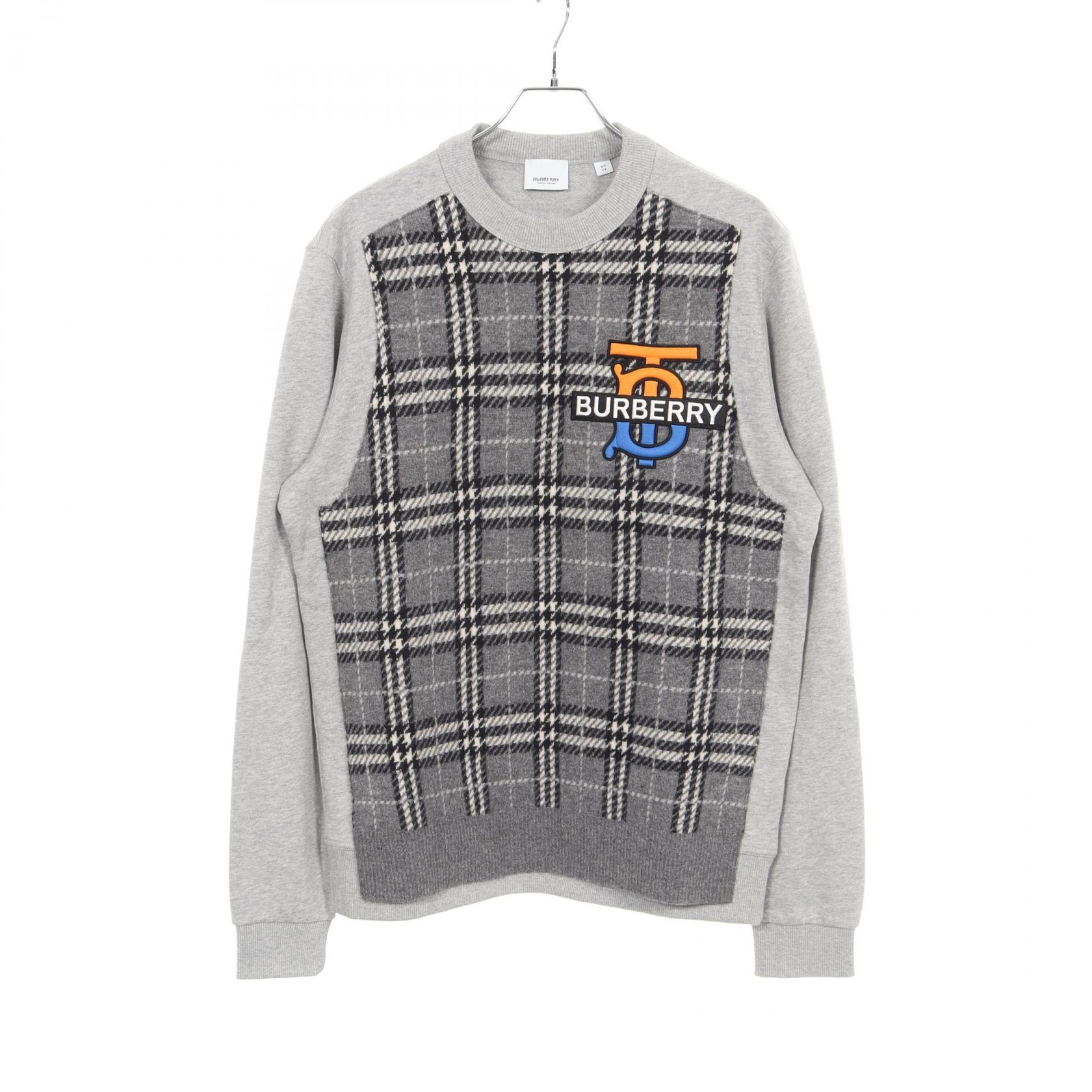 バーバリー BURBERRY TBロゴ刺繍 チェック ニット切替 スウェット 衣料品 トップス コットン カシミヤ メンズ グレー系 8033045 【中古】
