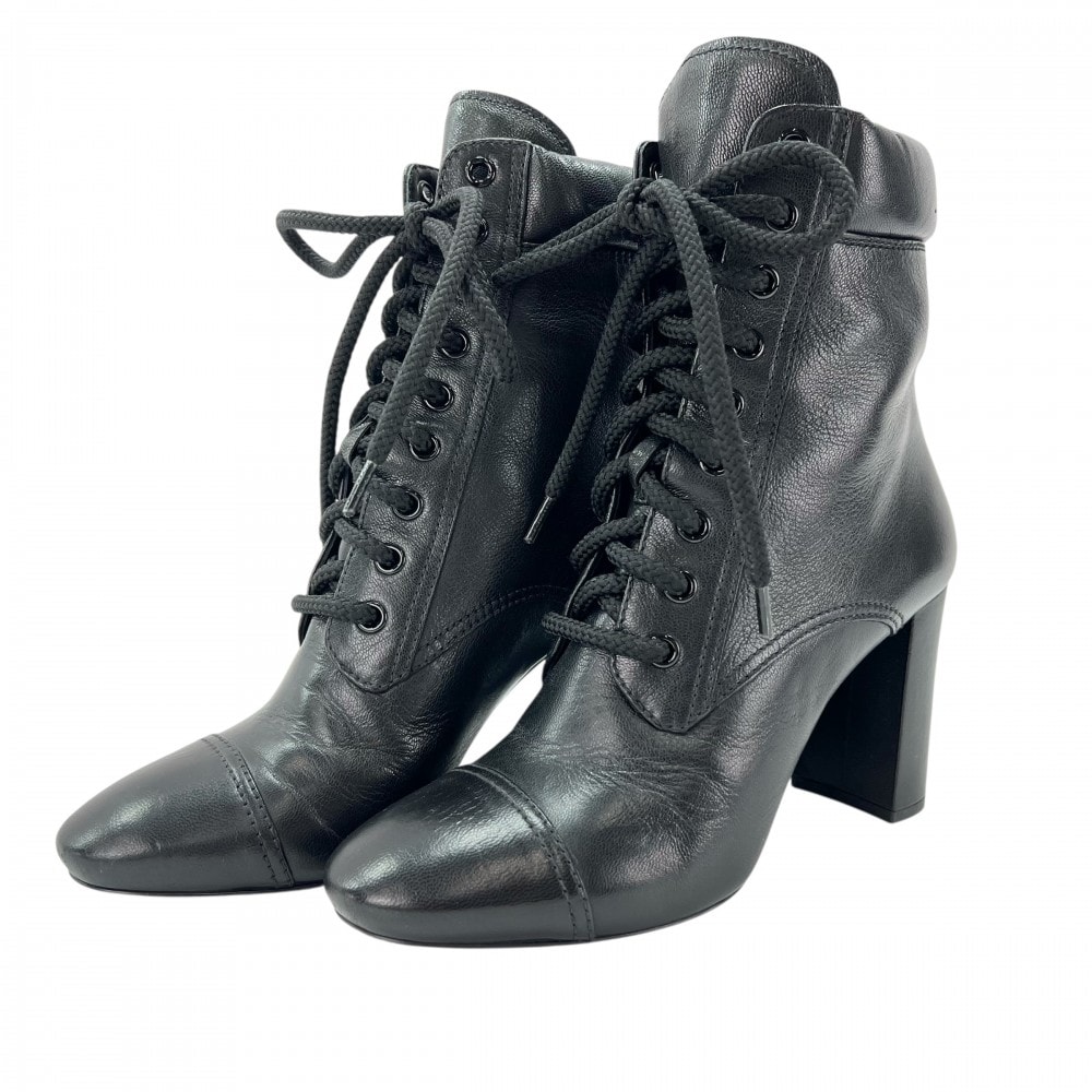 PRADA プラダ ブーツ ハイヒール レースアップ 37 1/2 レザー    ブラック 黒 レディース 冬【中古品】