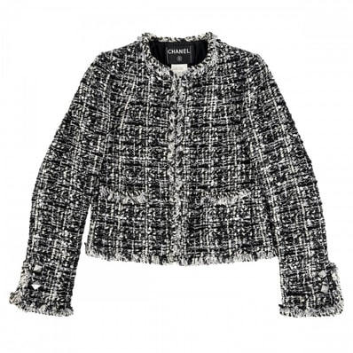 CHANEL シャネル ノーカラージャケット ツイード アウター アパレル スパンコール 服 34 ブラック 黒 ホワイト 白 レディース【中古品】