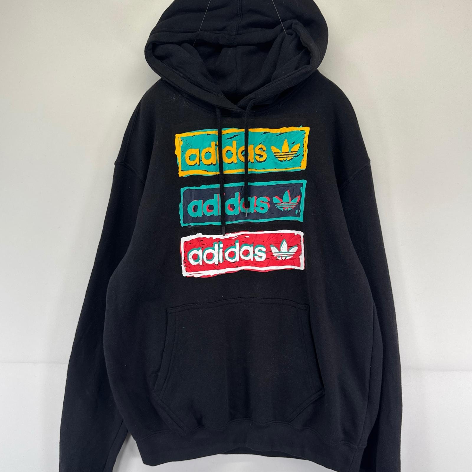 古着 アディダス adidas パーカー フーディー プルオーバー ロゴ スウェット M  ブラック系 プリント メンズ