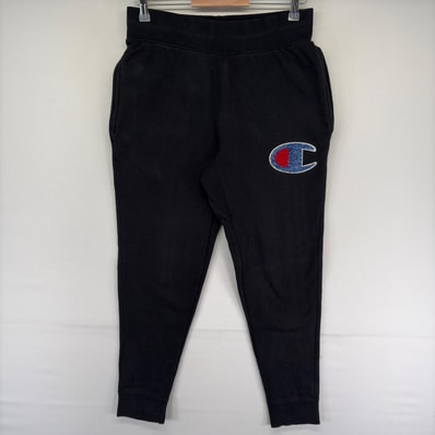 古着 チャンピオン Champion パンツ リバースウィーブ ワッペンロゴ 長ズボン ウエストドローコード M ブラック系 メンズ