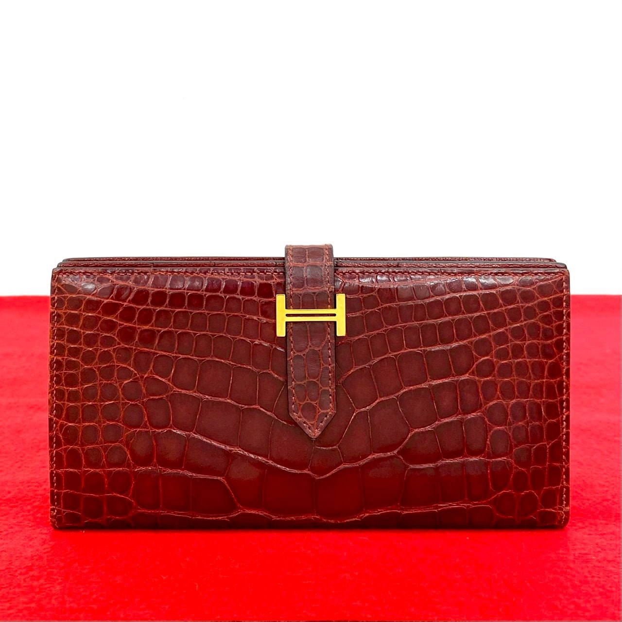 HERMES エルメス ベアンスフレ ロゴ 金具 レザー 二つ折り財布 ブラウン
 21385