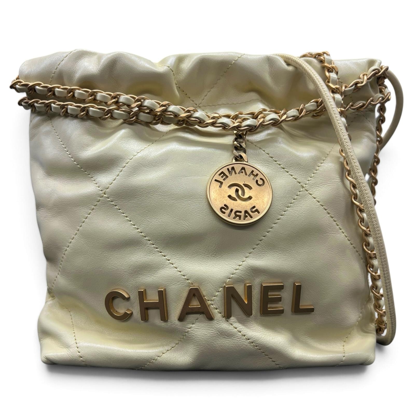 CHANEL 希少カラー 極美品 シャネル22 ミニ マトラッセ 2way ハンドバッグ チェーンショルダーバッグ AS3980 カーフスキン レザー シリアルプレート イエロー ゴールド金具 ホーボーバッグ ポシェット ココマーク Aランク 鑑定済 中古