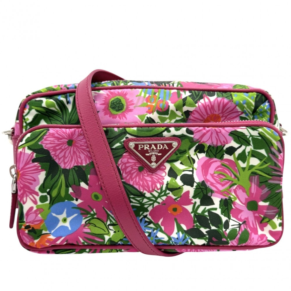 PRADA プラダ ショルダーバッグ ポシェット トライアングルロゴ 花柄 フラワー 肩掛け 斜め掛け BT1010 ナイロン レザー ピンク シルバー金具 レディース【中古品】