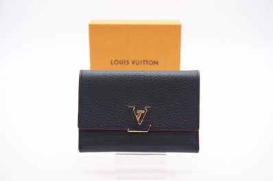 美品 LOUIS VUITTON ルイ・ヴィトン トリヨン ポルトフォイユカプシーヌ コンパクト マリーヌルージュ M63741 三つ折り財布 ネイビー レッド トリヨンレザー レディース