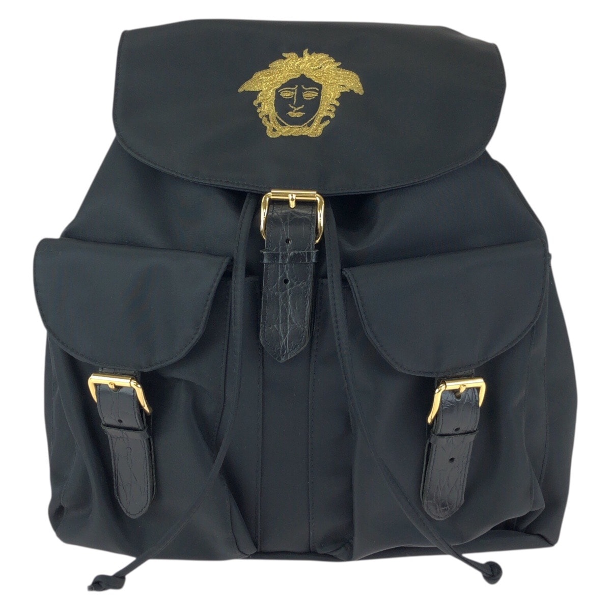 美品 VERSACE ヴェルサーチ ヴィンテージ メデューサ ブラック 黒 ゴールド金具 ナイロン レザー/ リュック・デイパック バックパック 601907 【中古】