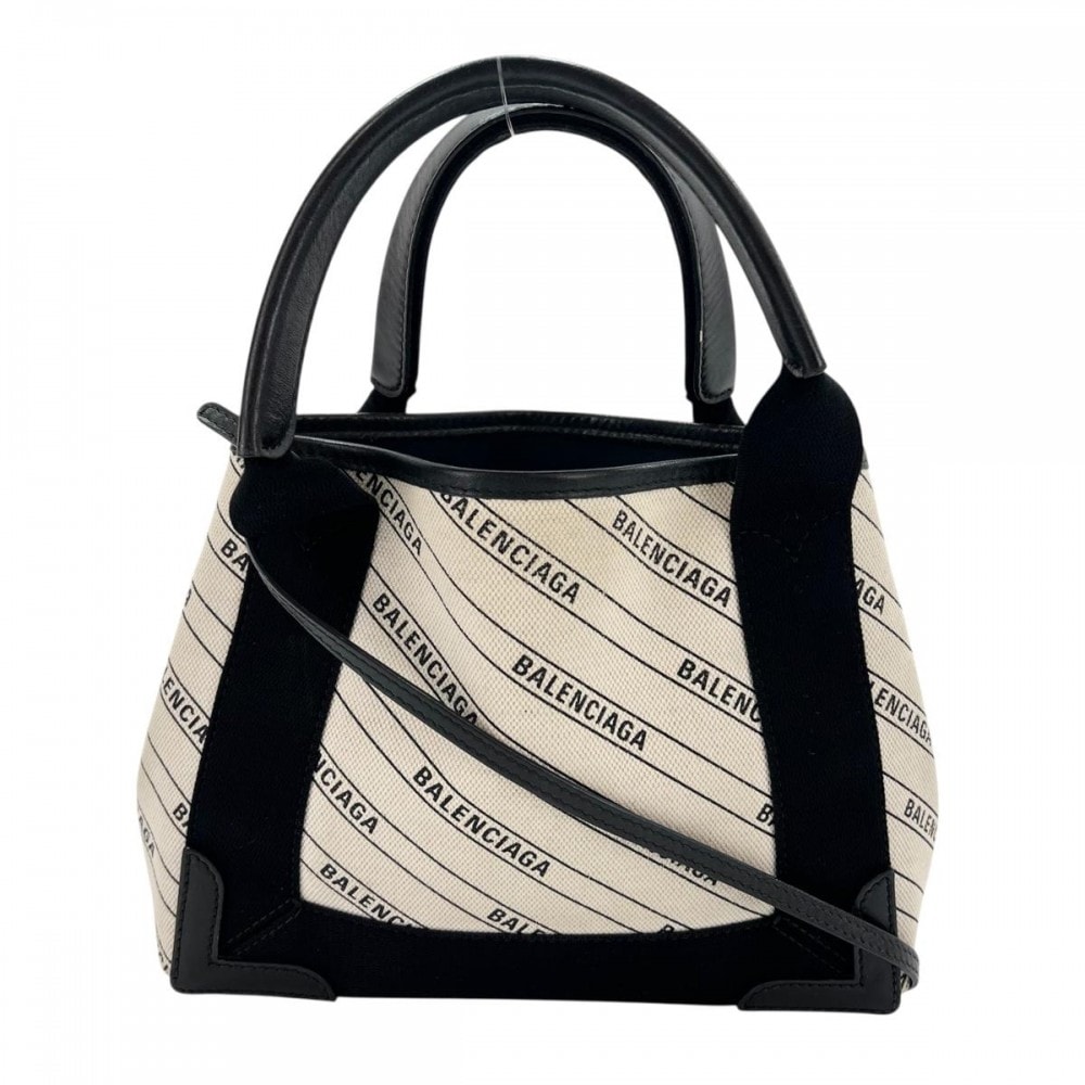 BALENCIAGA バレンシアガ 2WAY ネイビーカバス 斜め掛け ハンドバッグ  ショルダーバッグ XS 総柄 レザー    ホワイト 白 ブラック 黒 シルバー金具 レディース【中古品】