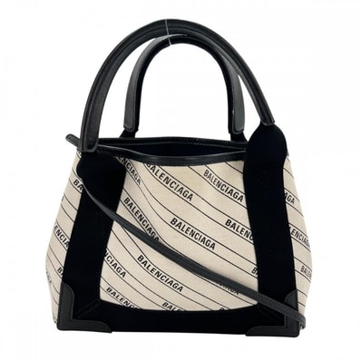 BALENCIAGA バレンシアガ 2WAY ネイビーカバス 斜め掛け ハンドバッグ ショルダーバッグ XS 総柄 レザー ホワイト 白 ブラック 黒 シルバー金具 レディース【中古品】