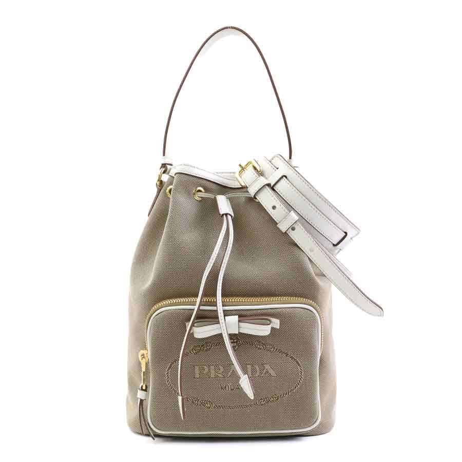 プラダ PRADA ハンドバッグ ショルダーバッグ ロゴジャガード キャンバス/レザー ブラウン/ホワイト レディース 1BH097【中古】 90281k