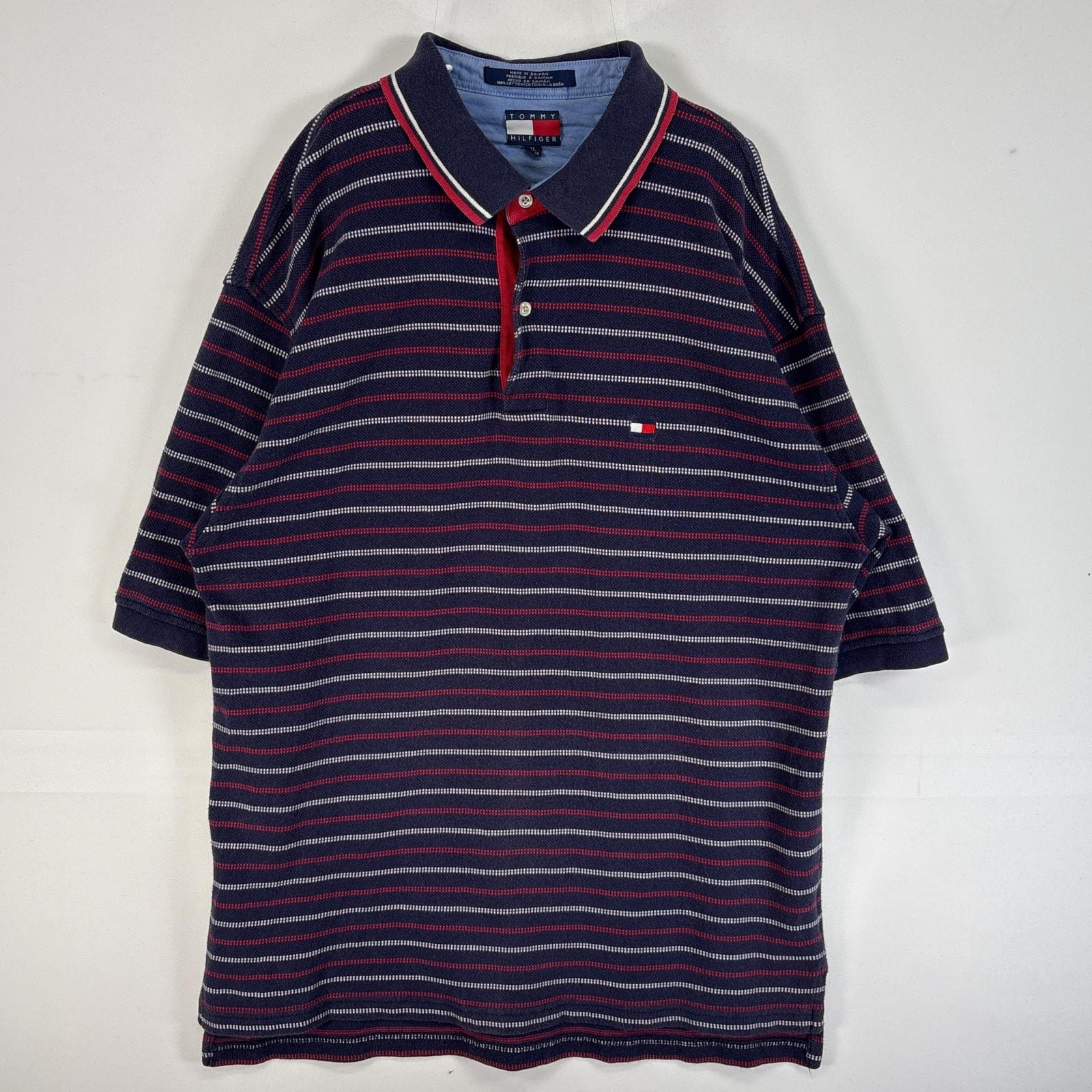 古着 90's/90年代 トミーヒルフィガー TOMMY HILFIGER 半袖 ポロシャツ ロゴ 刺繍 ボーダー 大きいサイズ 肉厚 XL  ネイビー マルチカラー メンズ