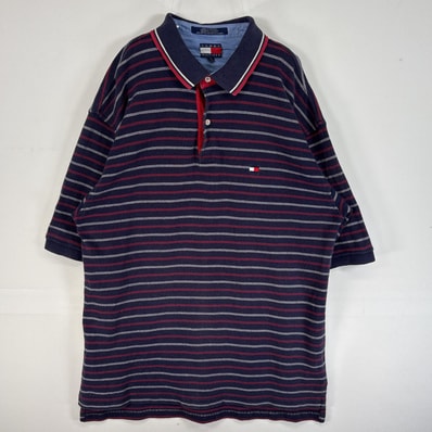古着 90's/90年代 トミーヒルフィガー TOMMY HILFIGER 半袖 ポロシャツ ロゴ 刺繍 ボーダー 大きいサイズ 肉厚 XL ネイビー マルチカラー メンズ