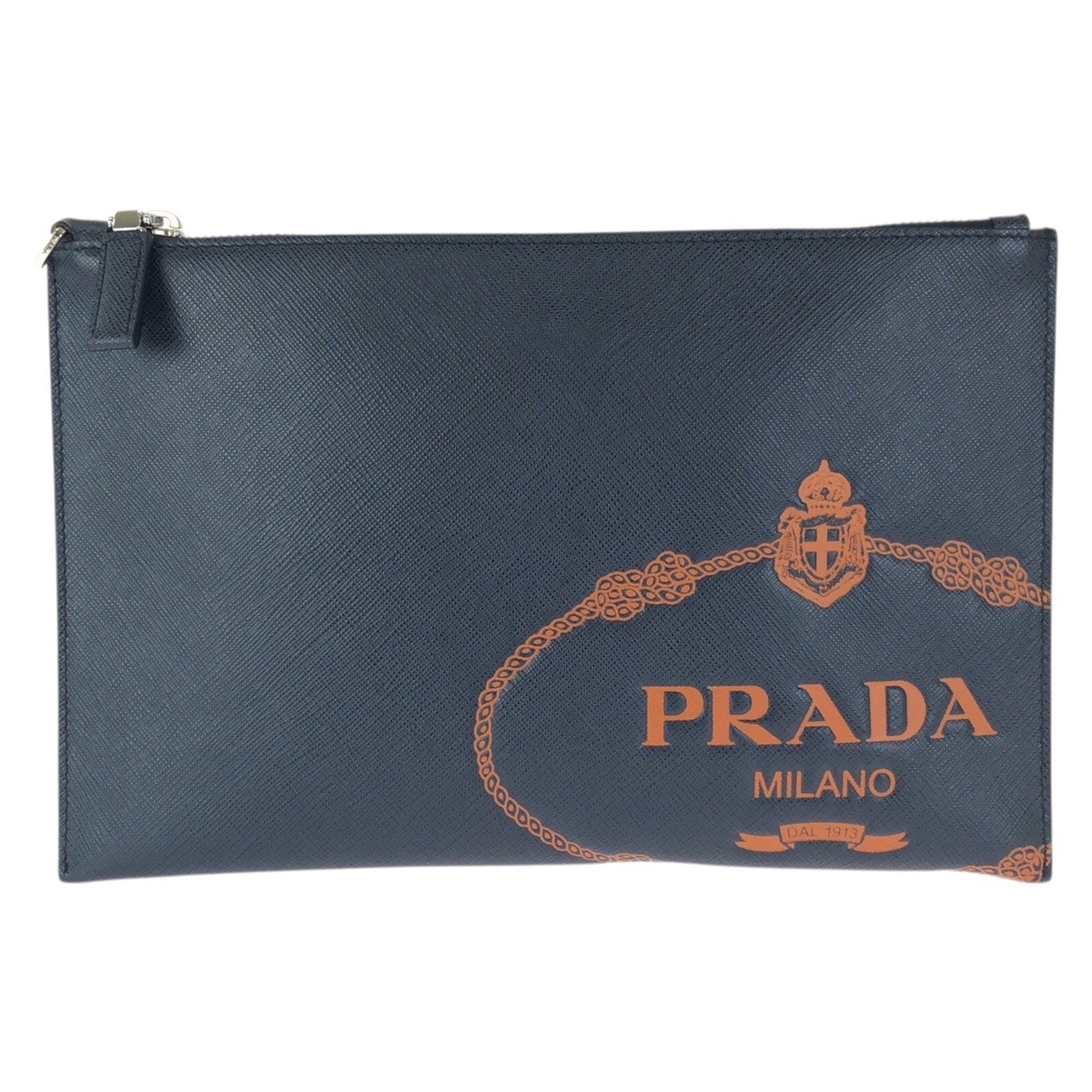 굿 컨디션 PRADA 프라다 사피아노 네이비 오렌지 실버 하드웨어 가죽 클러치 백 세컨드 백 유니섹스 601484 [중고]