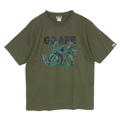 A BATHING APE アベイシングエイプ Tシャツ GO APE ゴーエイプ 兵隊プリント クルーネック 半袖 Tシャツ カーキ系 L【中古】